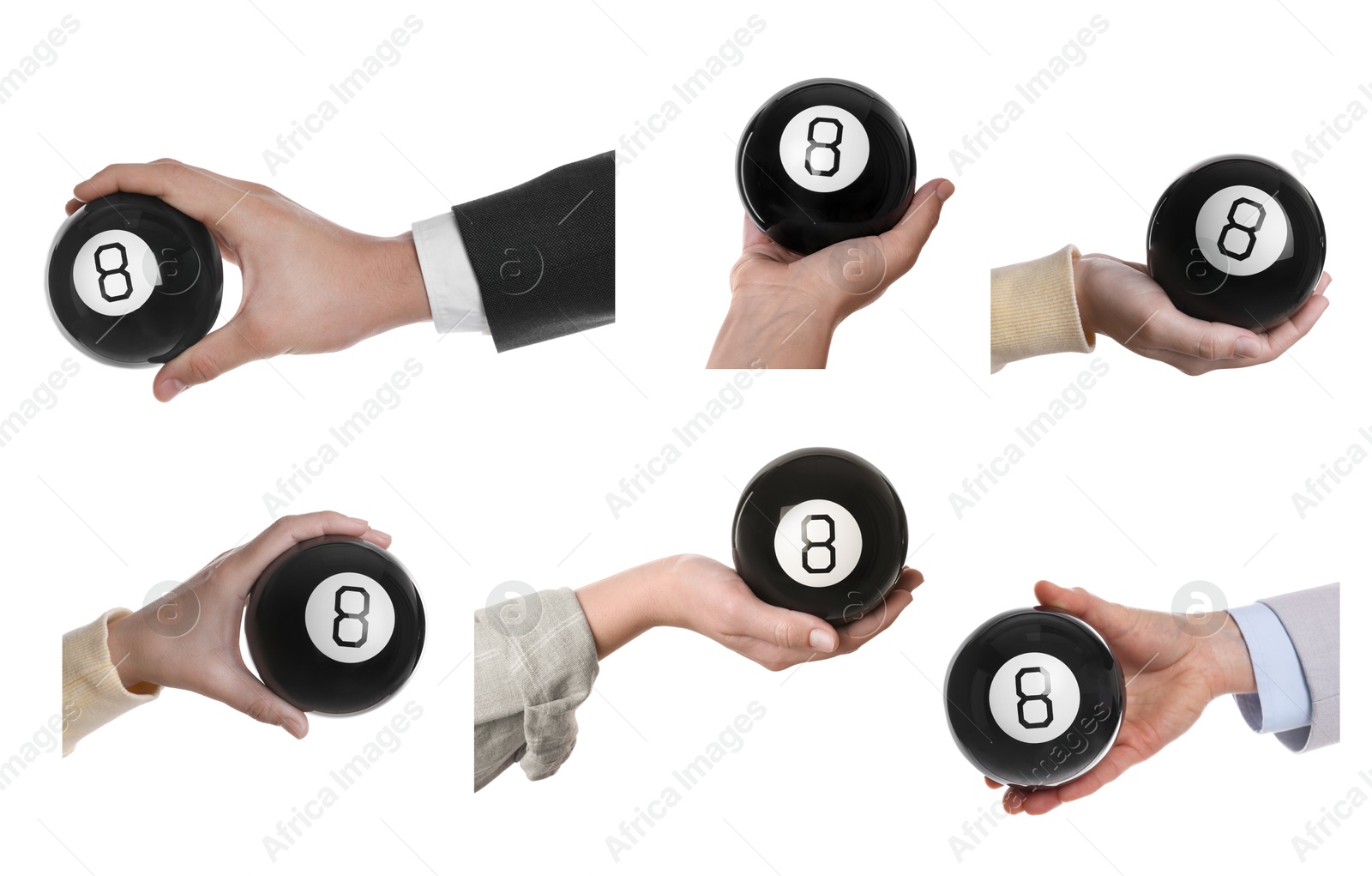 Image of People holding magic eight balls isolated on white, closeup. Collection of photos