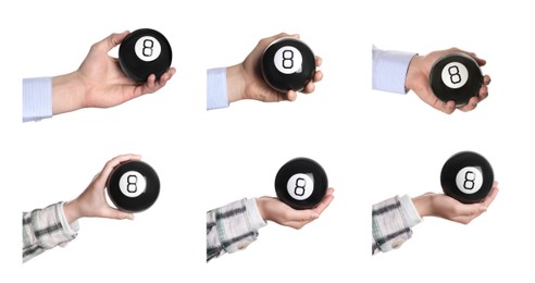 Image of People holding magic eight balls isolated on white, closeup. Collection of photos