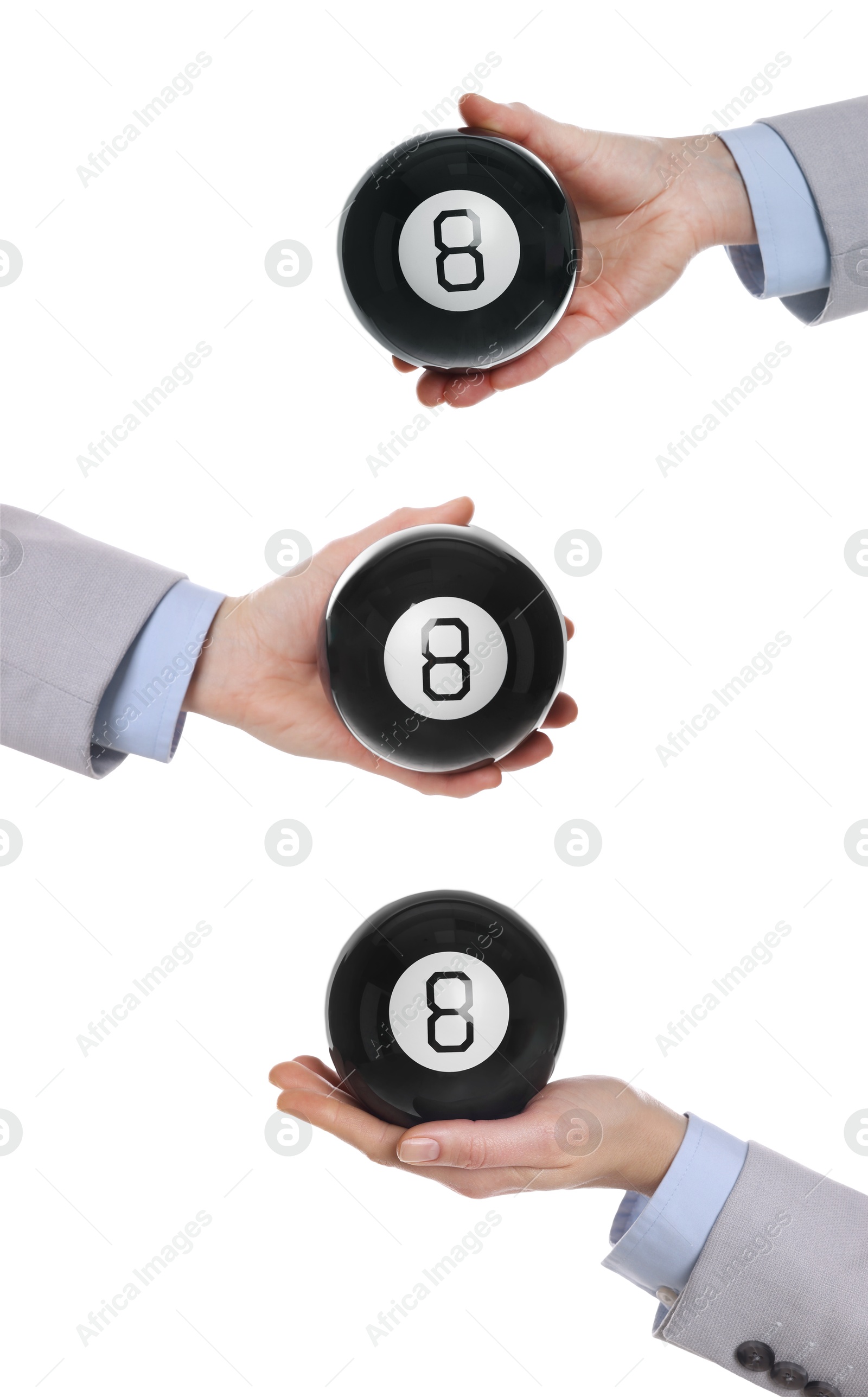 Image of Businessman holding magic eight ball isolated on white, closeup. Collage of photos