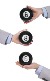 Businessman holding magic eight ball isolated on white, closeup. Collage of photos