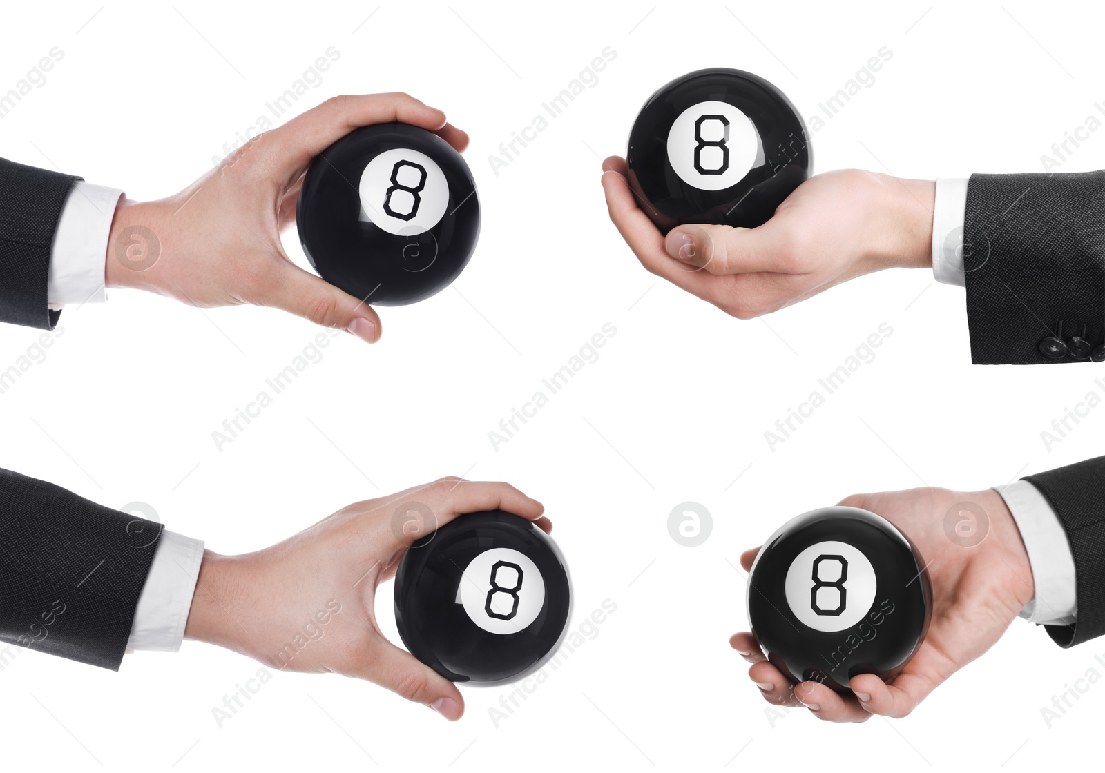 Image of Businessman holding magic eight ball isolated on white, closeup. Collage of photos