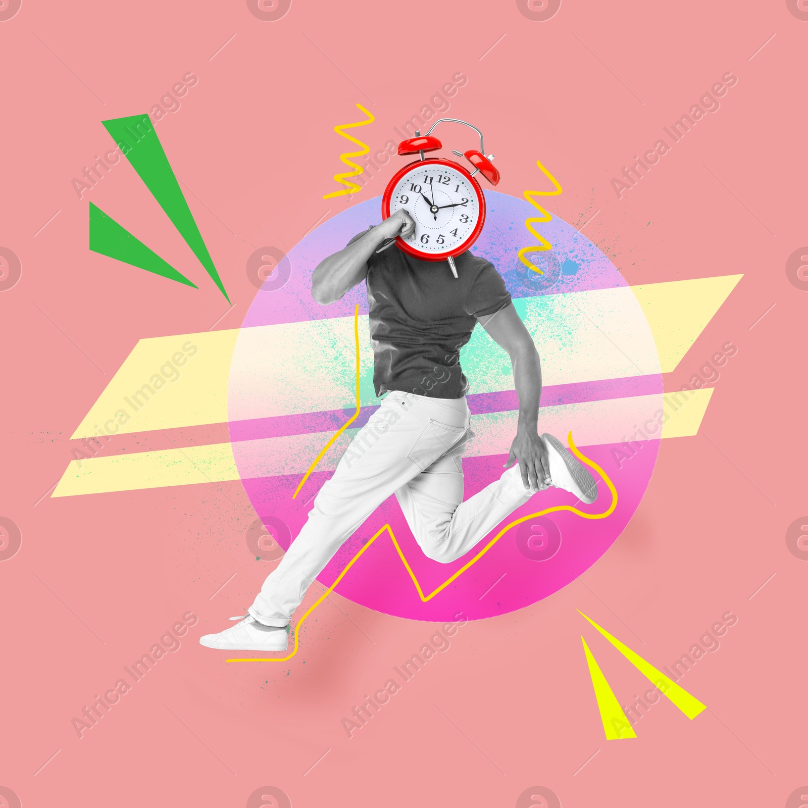 Image of Man with alarm clock instead of head jumping on color background. Creative collage