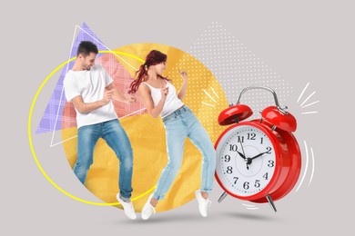 Image of Happy couple dancing near red alarm clock on color background, creative collage