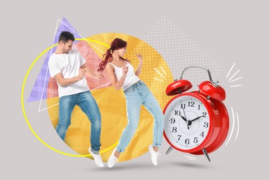 Happy couple dancing near red alarm clock on color background, creative collage