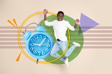 Image of Happy man jumping near alarm clock on color background, creative collage