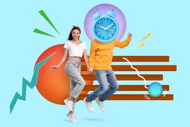 Image of Man with alarm clock instead of head and woman dancing on color background, creative collage