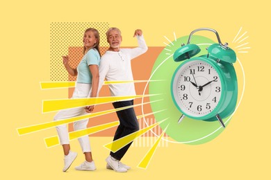 Image of Senior couple dancing near alarm clock on color background, creative collage