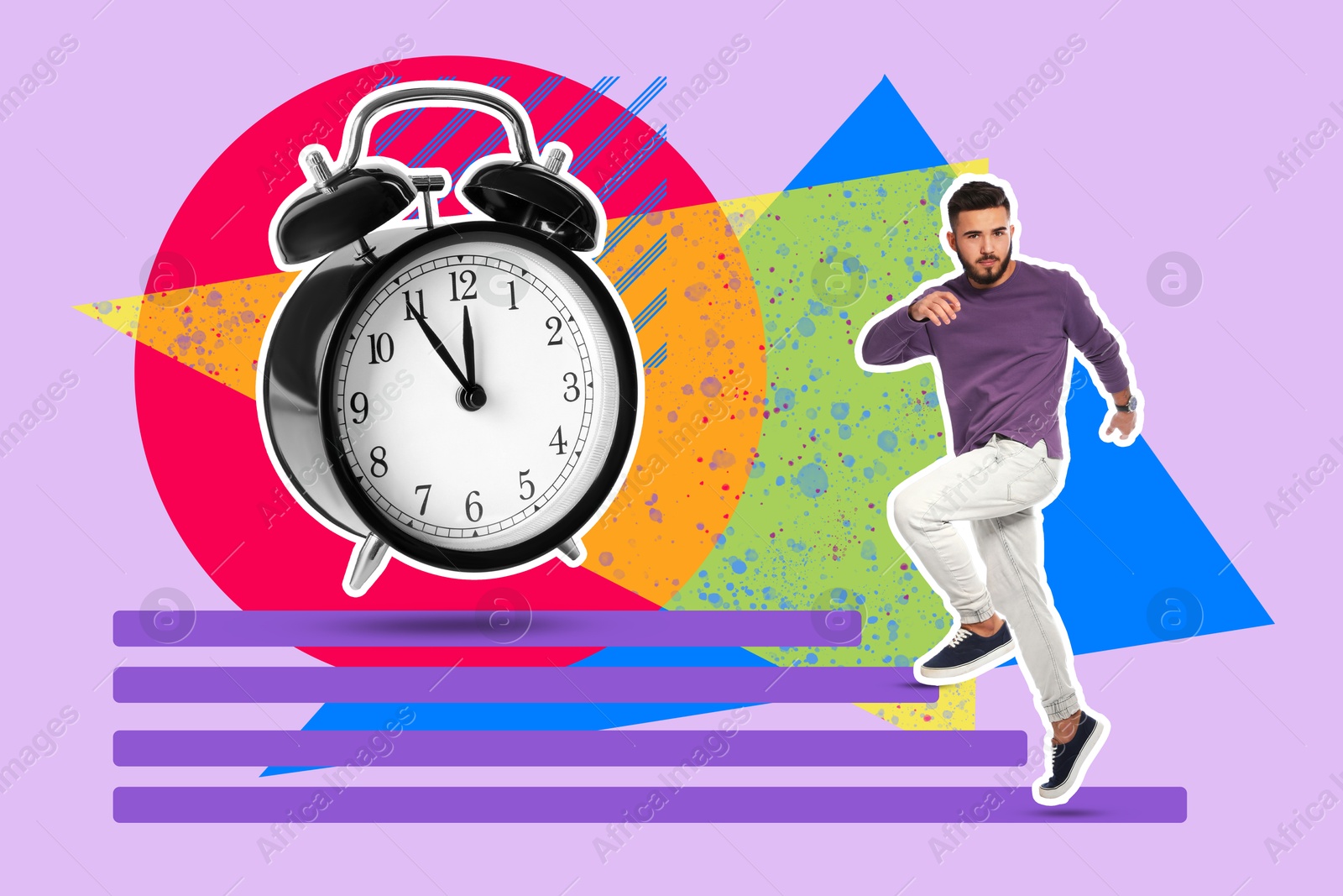 Image of Creative collage with alarm clock and jumping man on color background