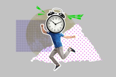 Image of Man with alarm clock instead of head jumping on color background, creative collage