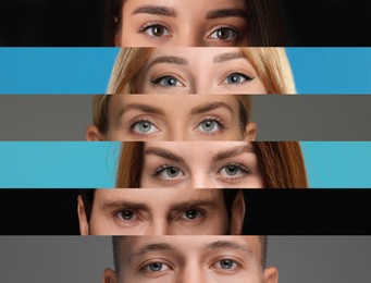 Image of Different women and men on various color backgrounds, closeup. Collage of photos