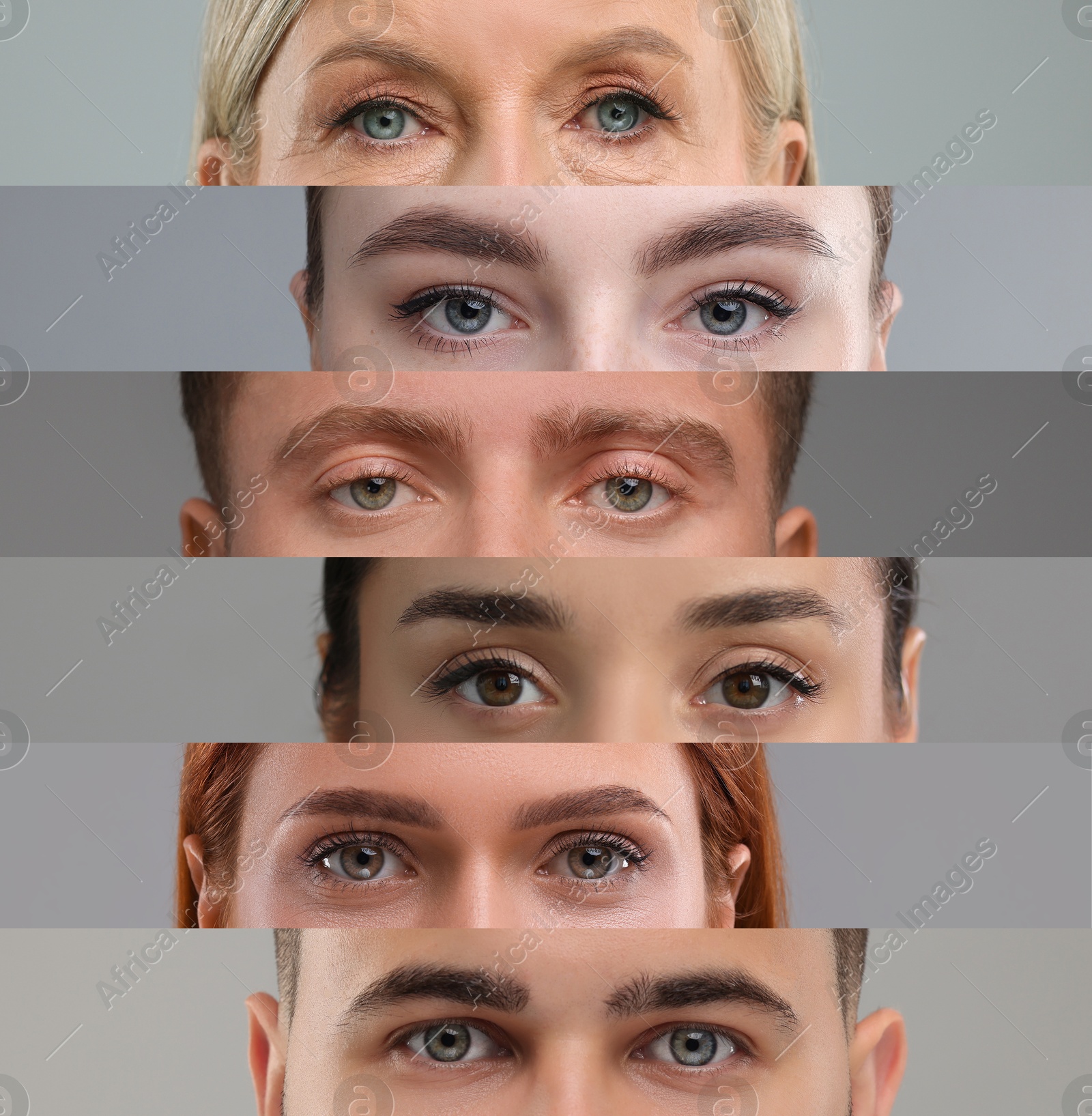 Image of Different women and men on grey background, closeup. Collage of photos