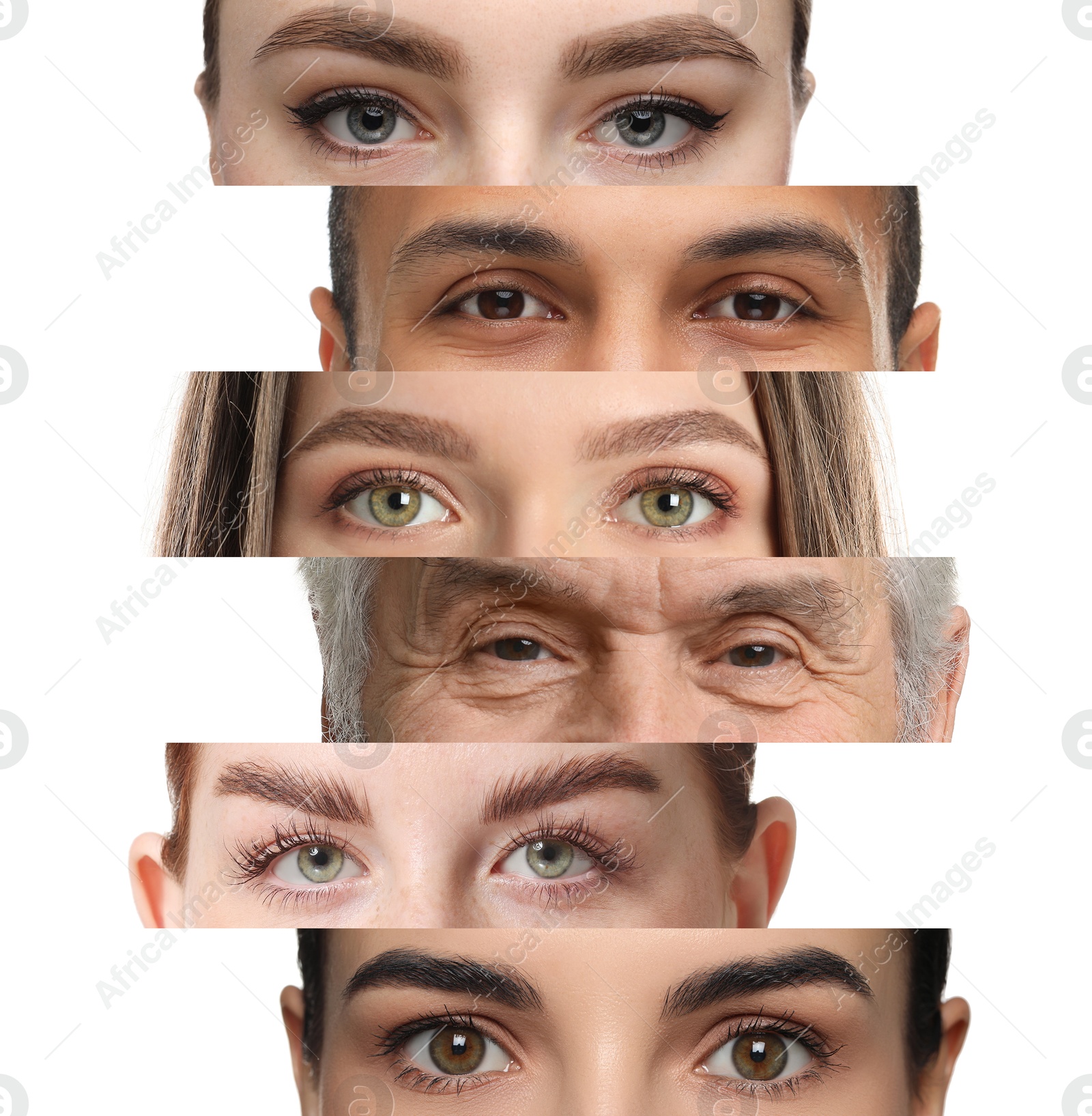 Image of Different women and men on white background, closeup. Collage of photos