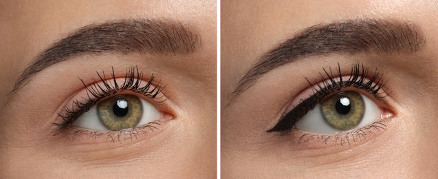 Beautiful woman before and after permanent eyeliner procedure, closeup. Collage of photos