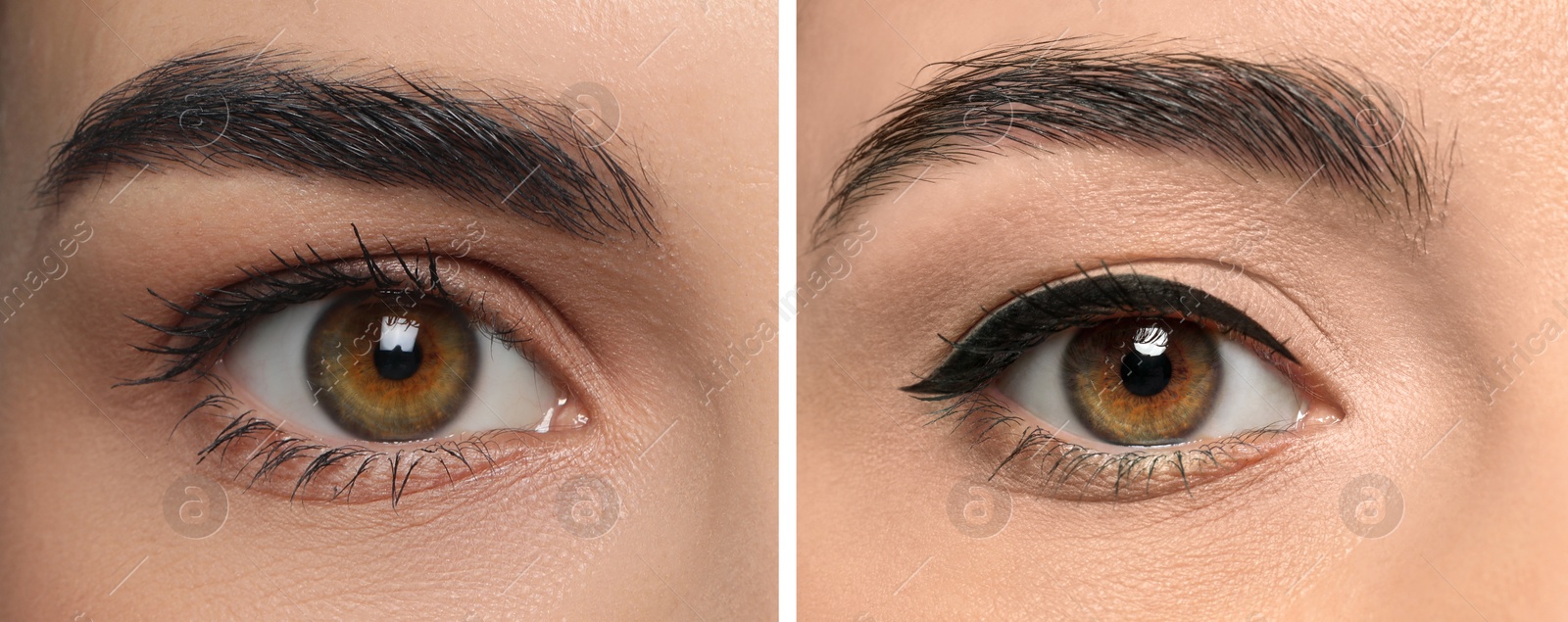 Image of Beautiful woman before and after permanent eyeliner procedure, closeup. Collage of photos