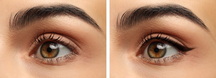 Image of Beautiful woman before and after permanent eyeliner procedure, closeup. Collage of photos