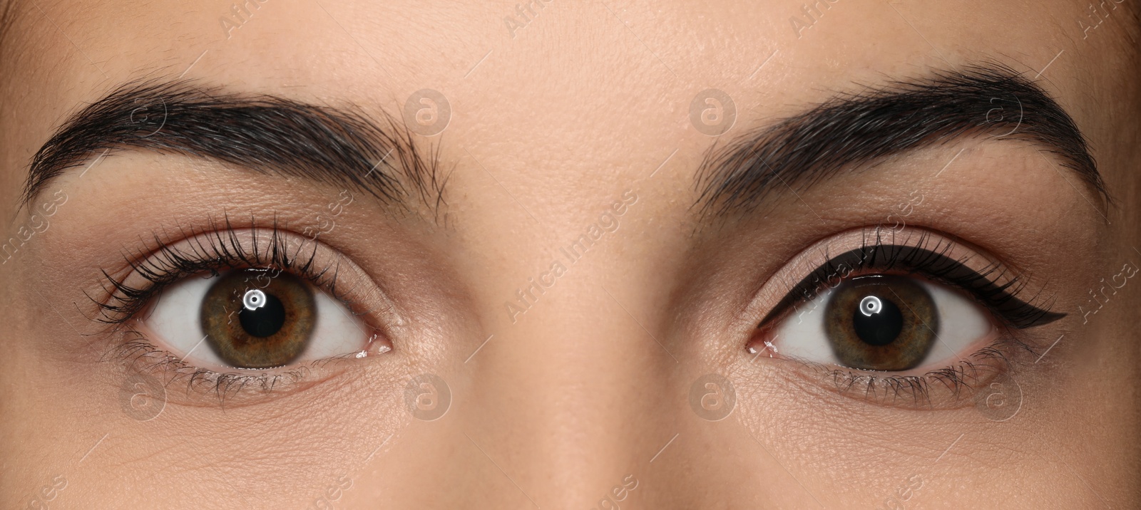 Image of Beautiful woman before and after permanent eyeliner procedure, closeup. Collage of photos