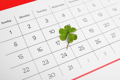 Photo of 17th March marked with fresh clover on calendar. St. Patrick's Day celebration