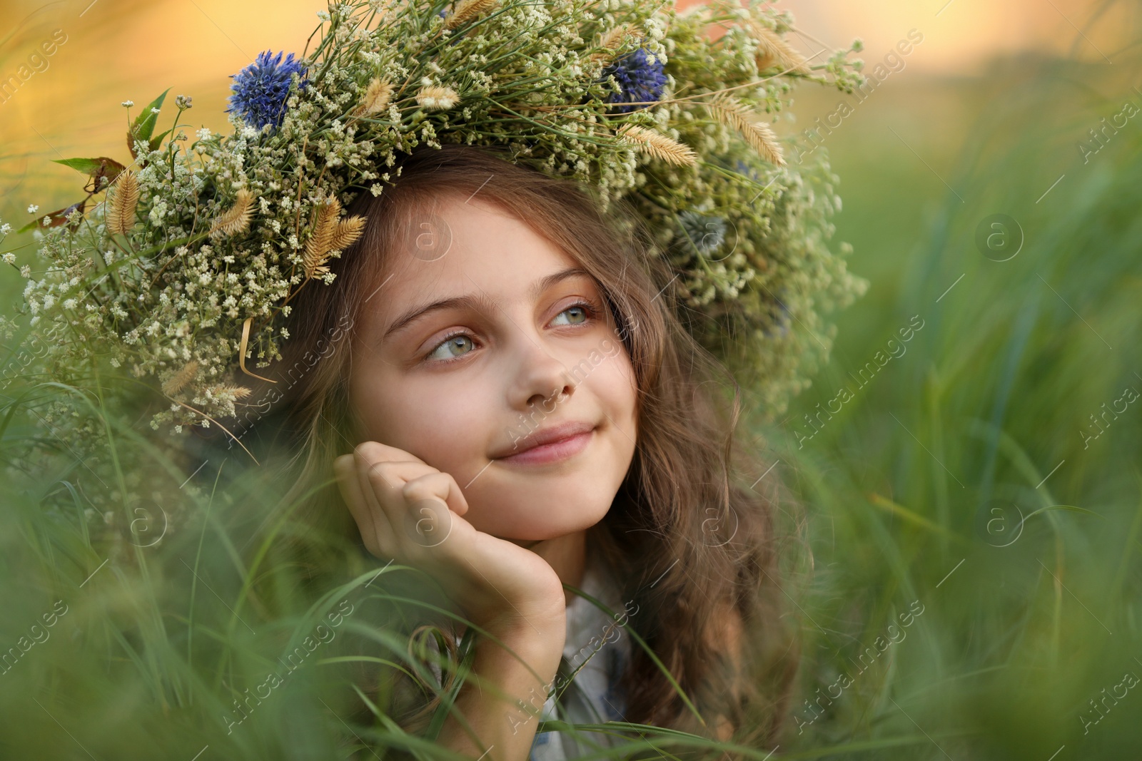 Photo of Cute little girl wearing wreath made of beautiful flowers in field