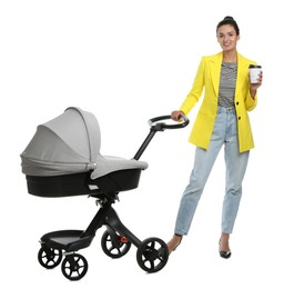 Photo of Happy young woman with cup of drink and baby stroller on white background