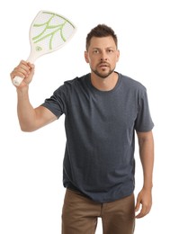Photo of Man with electric fly swatter on white background. Insect killer