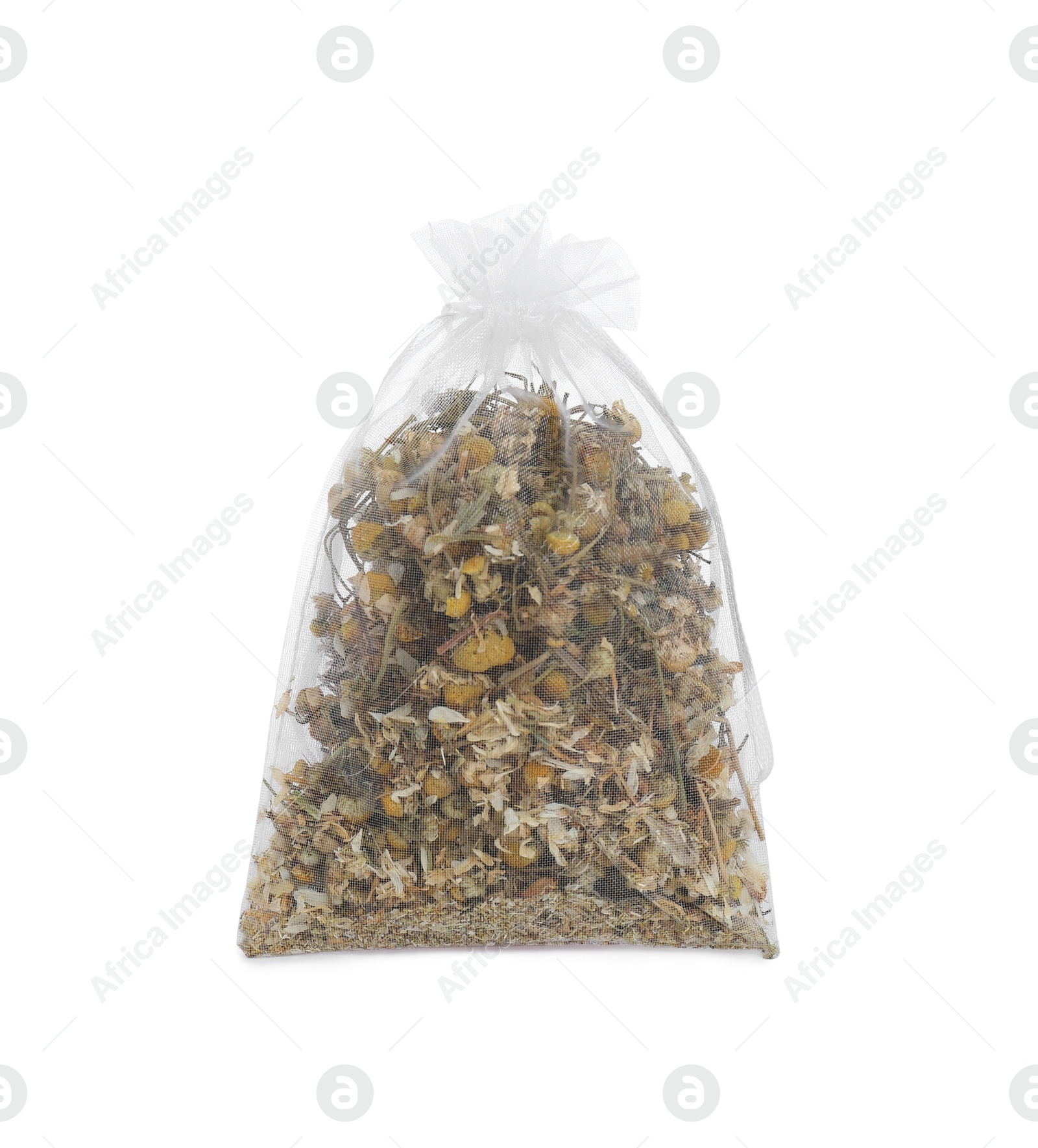 Photo of Scented sachet with dried chamomile flowers isolated on white