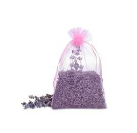 Photo of Scented sachet and dried lavender flowers on white background