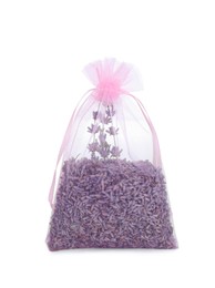 Photo of Scented sachet with dried lavender flowers isolated on white