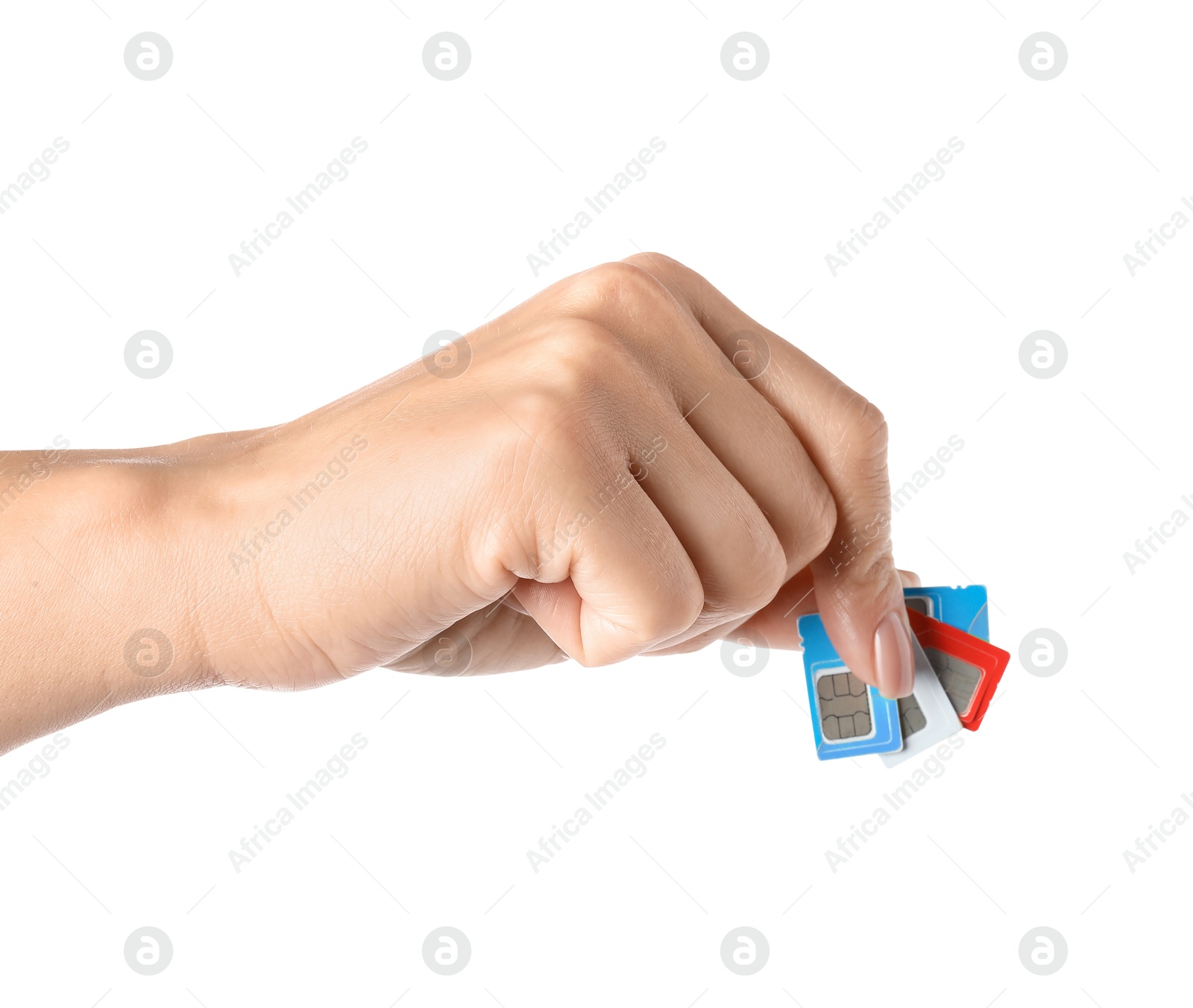 Photo of Woman with SIM cards on white background, closeup