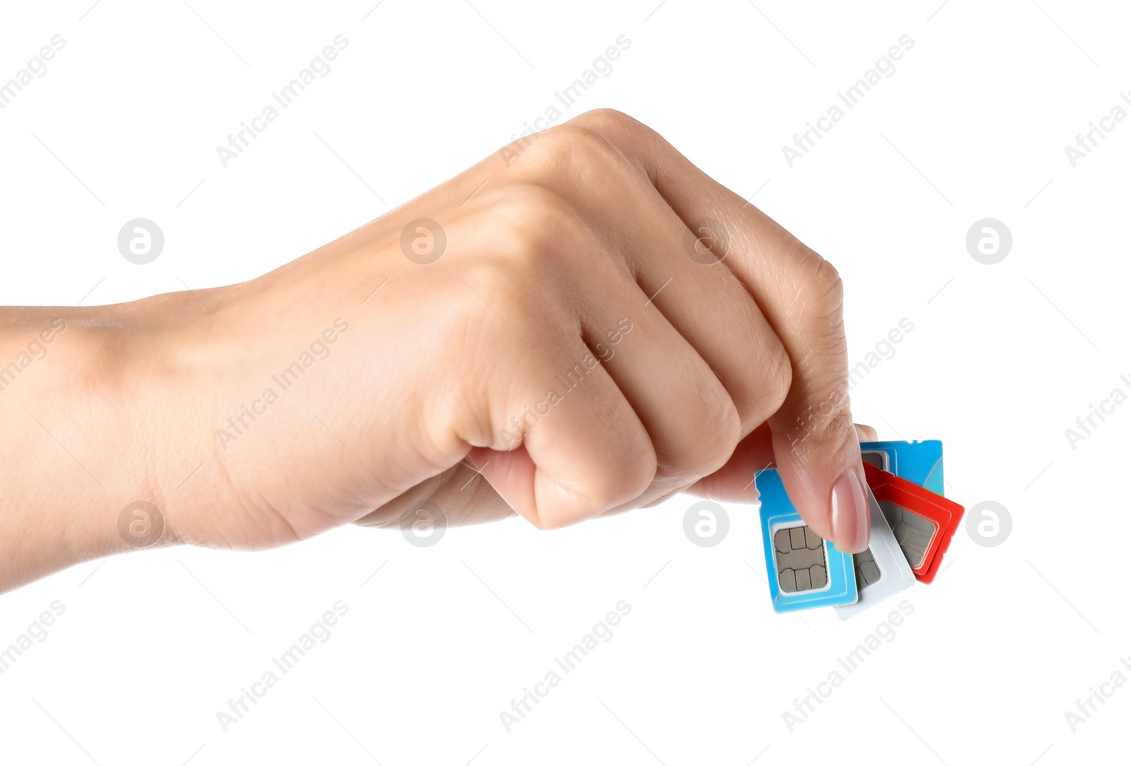 Photo of Woman with SIM cards on white background, closeup