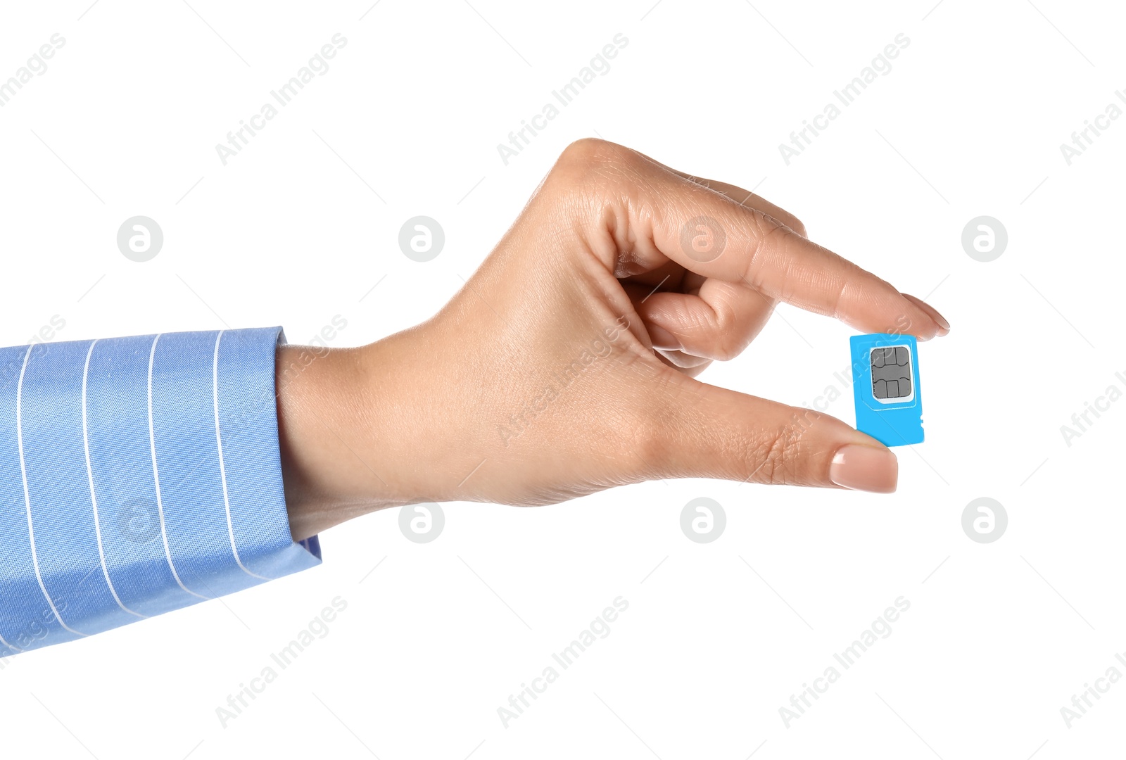 Photo of Woman with SIM card on white background, closeup