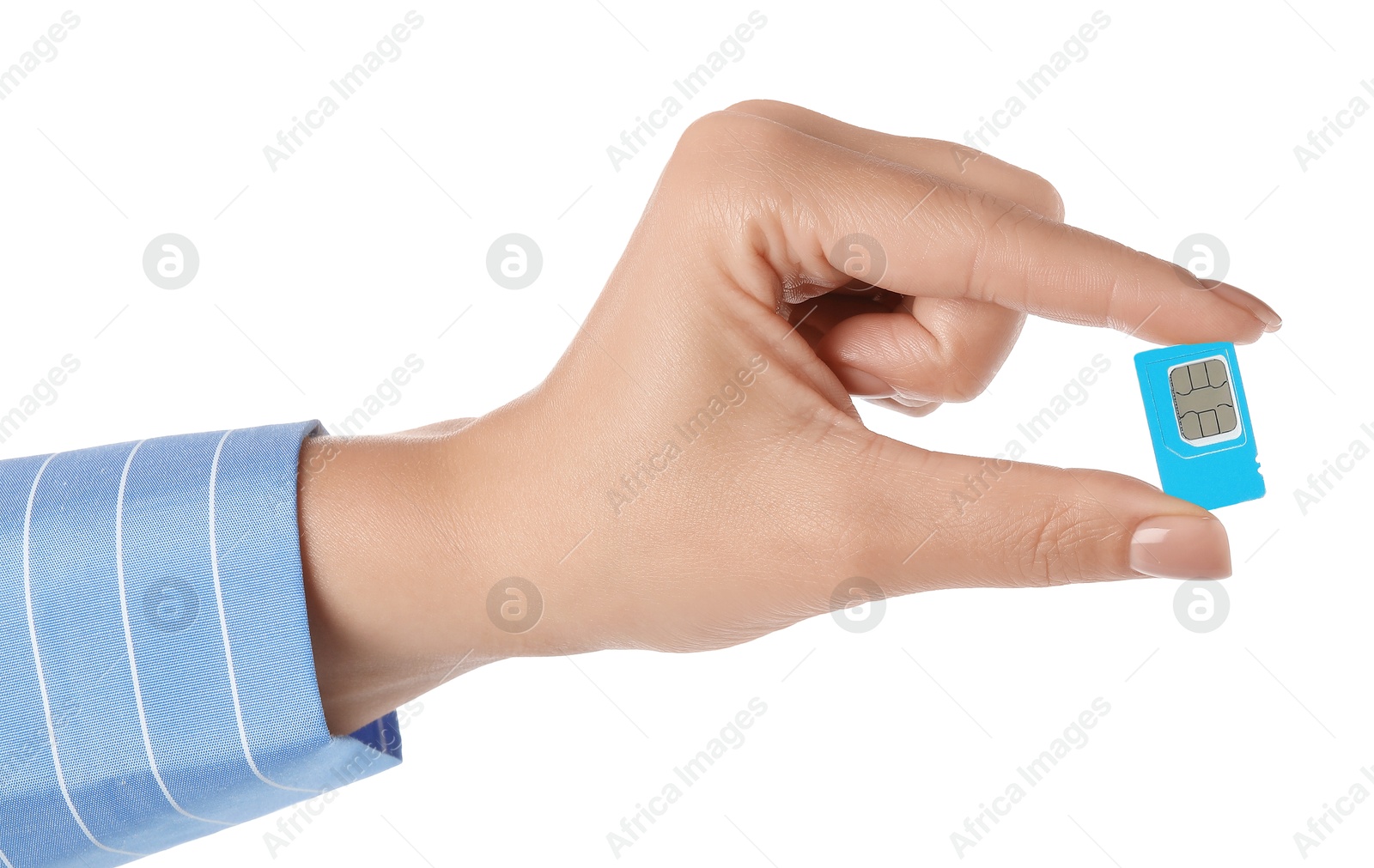 Photo of Woman with SIM card on white background, closeup