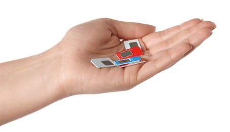 Photo of Woman with SIM cards on white background, closeup