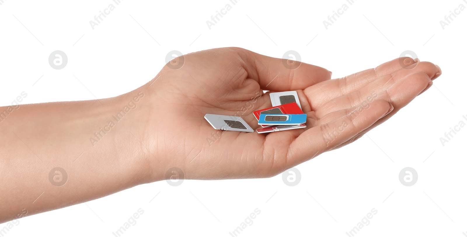 Photo of Woman with SIM cards on white background, closeup