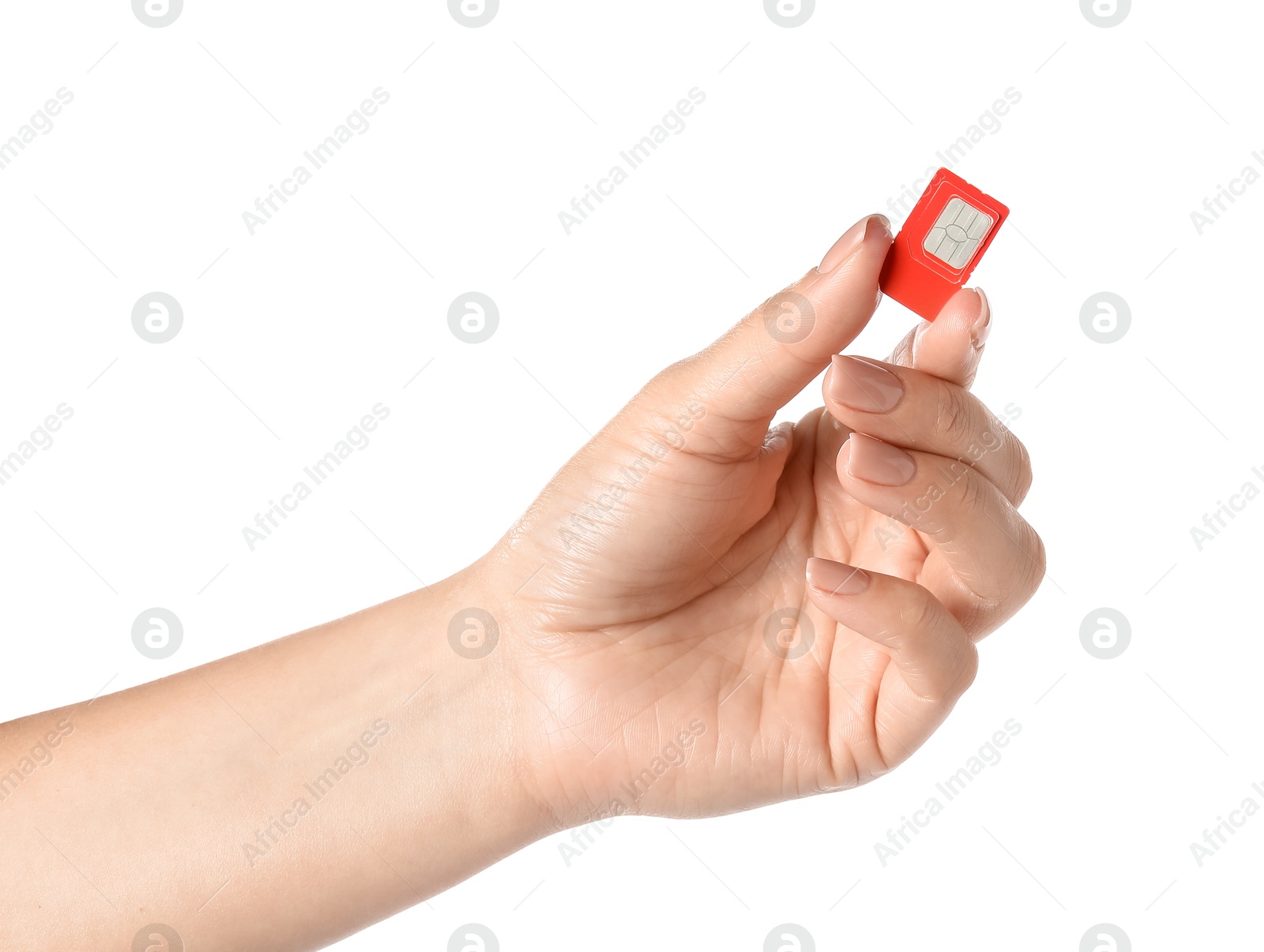 Photo of Woman with SIM card on white background, closeup