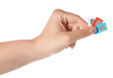 Photo of Woman with SIM cards on white background, closeup