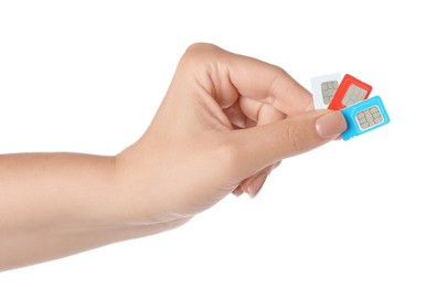 Photo of Woman with SIM cards on white background, closeup