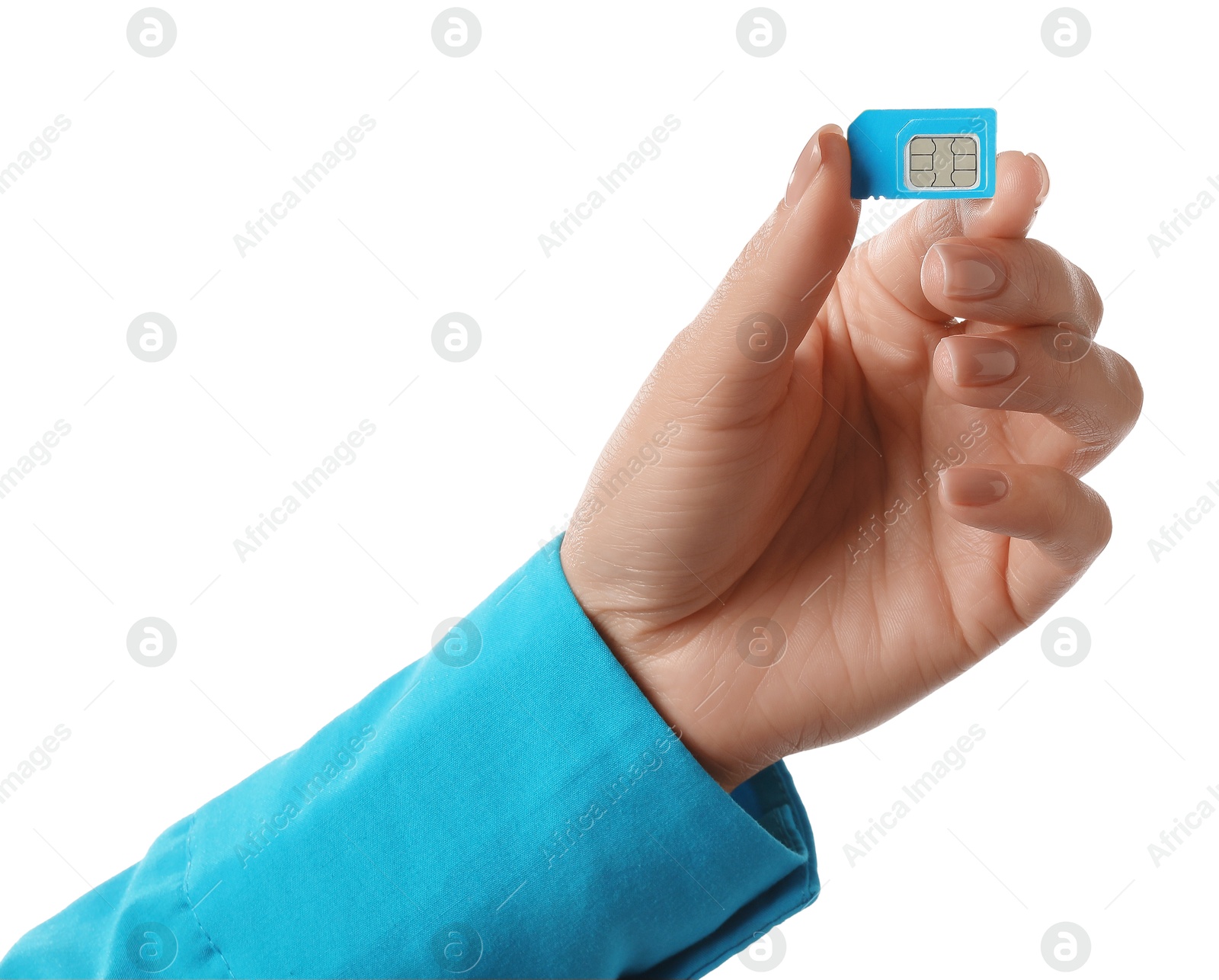 Photo of Woman with SIM card on white background, closeup