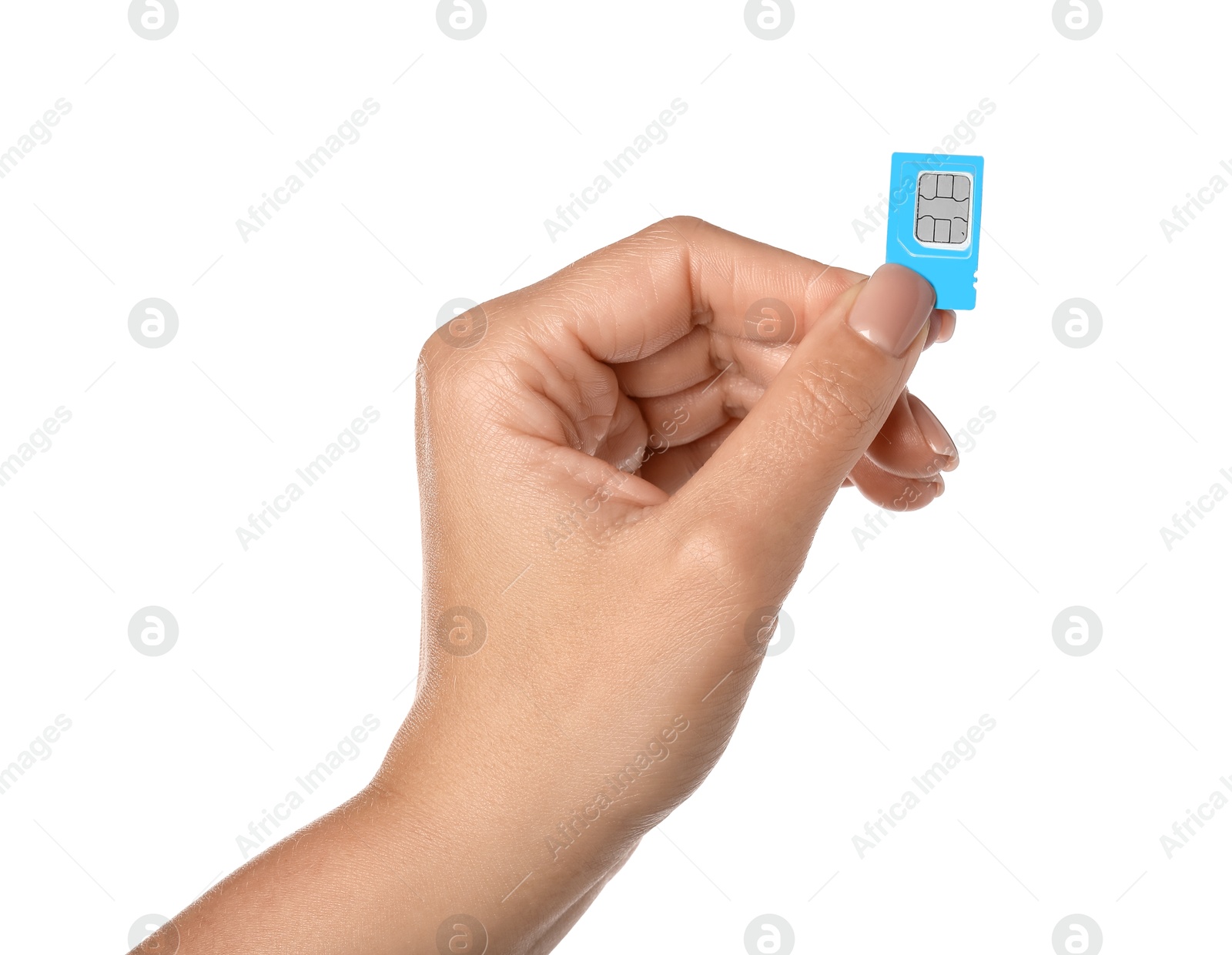 Photo of Woman with SIM card on white background, closeup