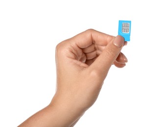 Photo of Woman with SIM card on white background, closeup