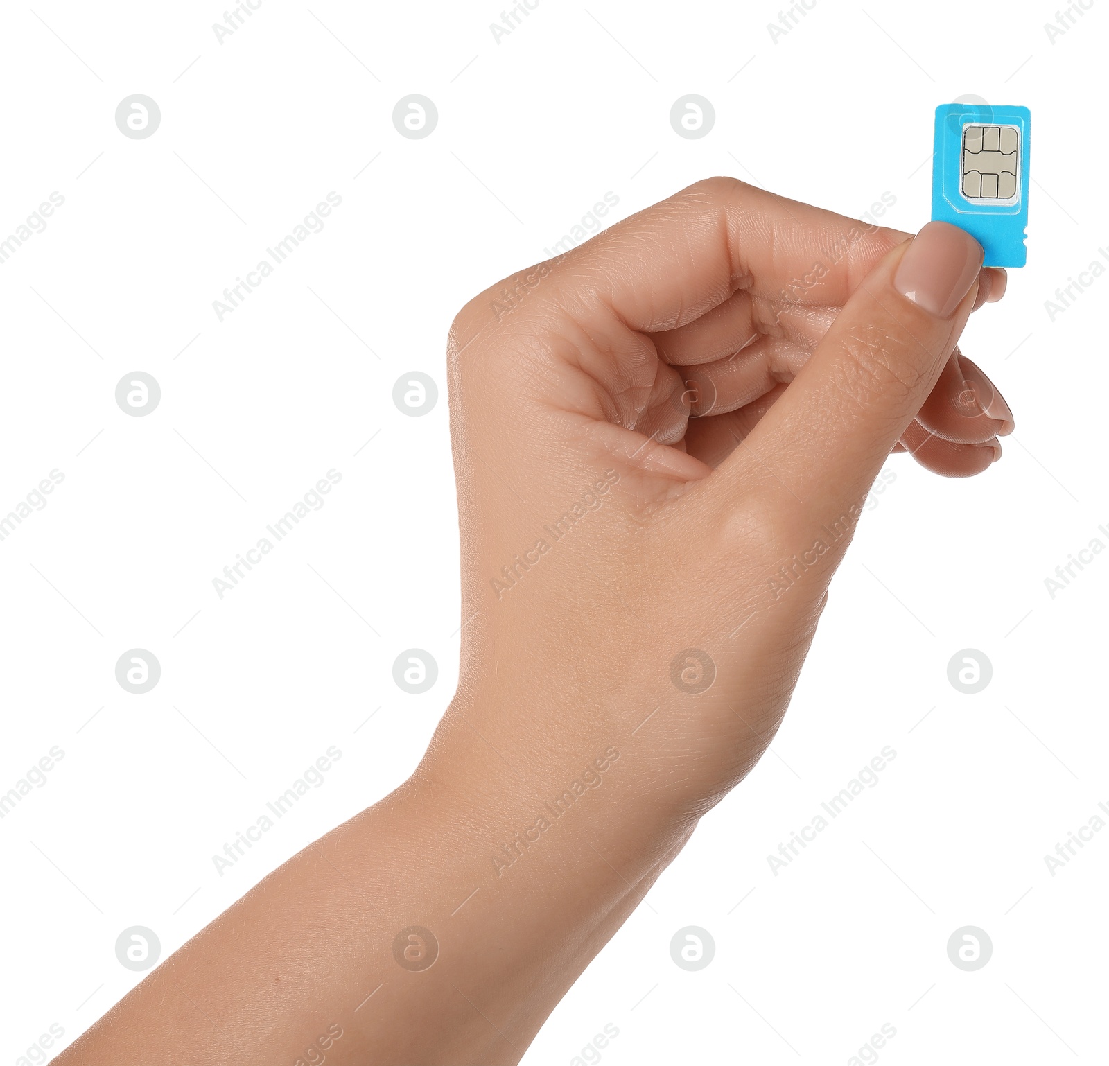 Photo of Woman with SIM card on white background, closeup