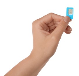 Photo of Woman with SIM card on white background, closeup