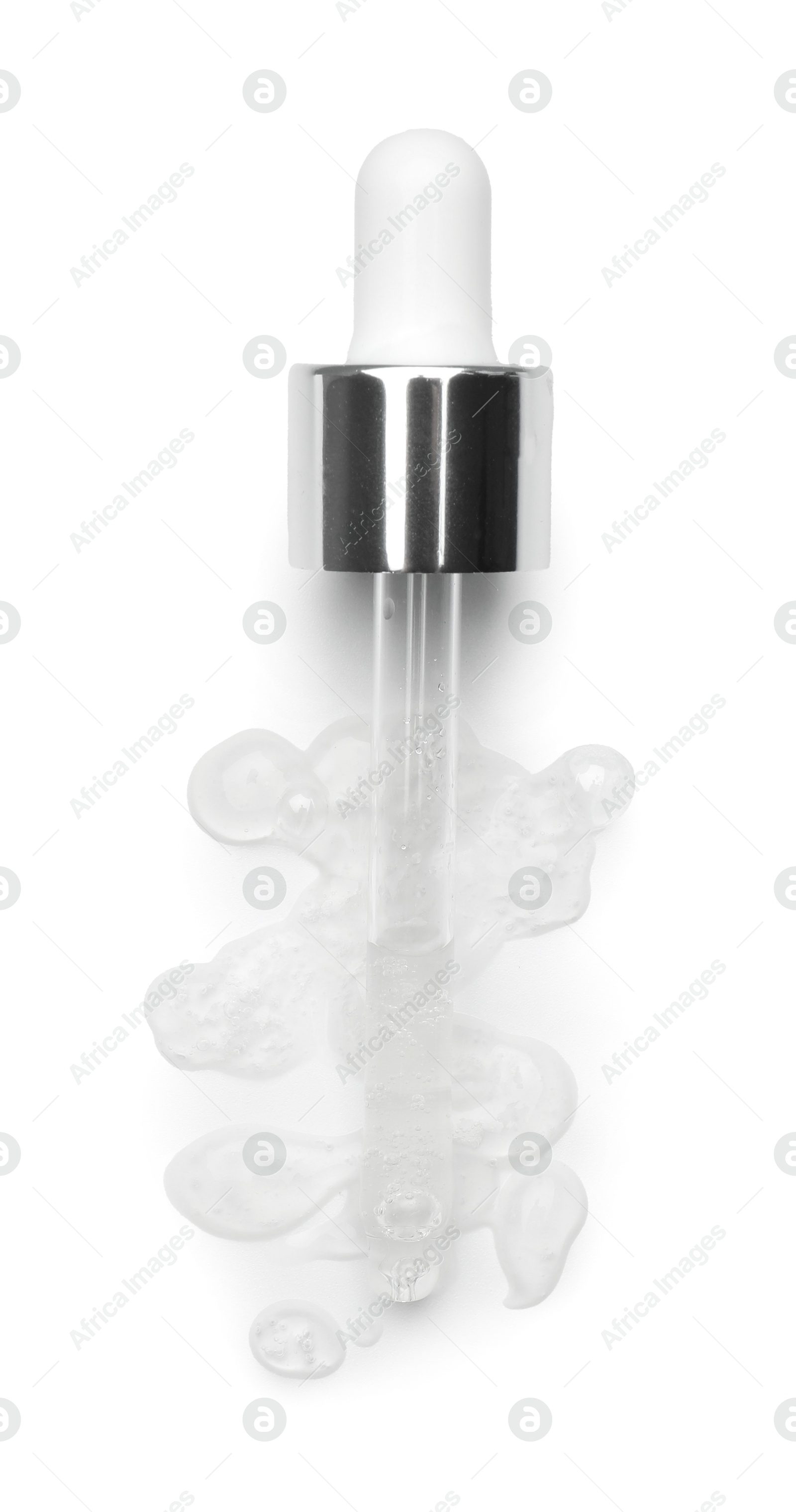 Photo of Pipette with chemical peel isolated on white, top view. Peeling procedure