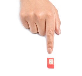 Photo of Woman with SIM cards on white background, closeup