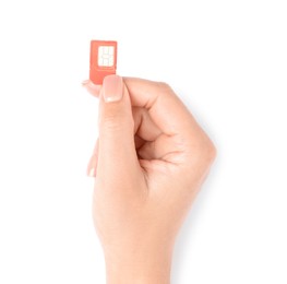 Photo of Woman with SIM cards on white background, top view