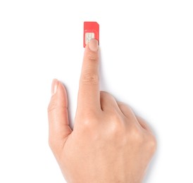 Photo of Woman with SIM cards on white background, top view