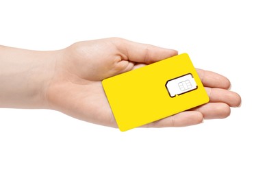 Photo of Woman holding modern SIM card on white background, closeup