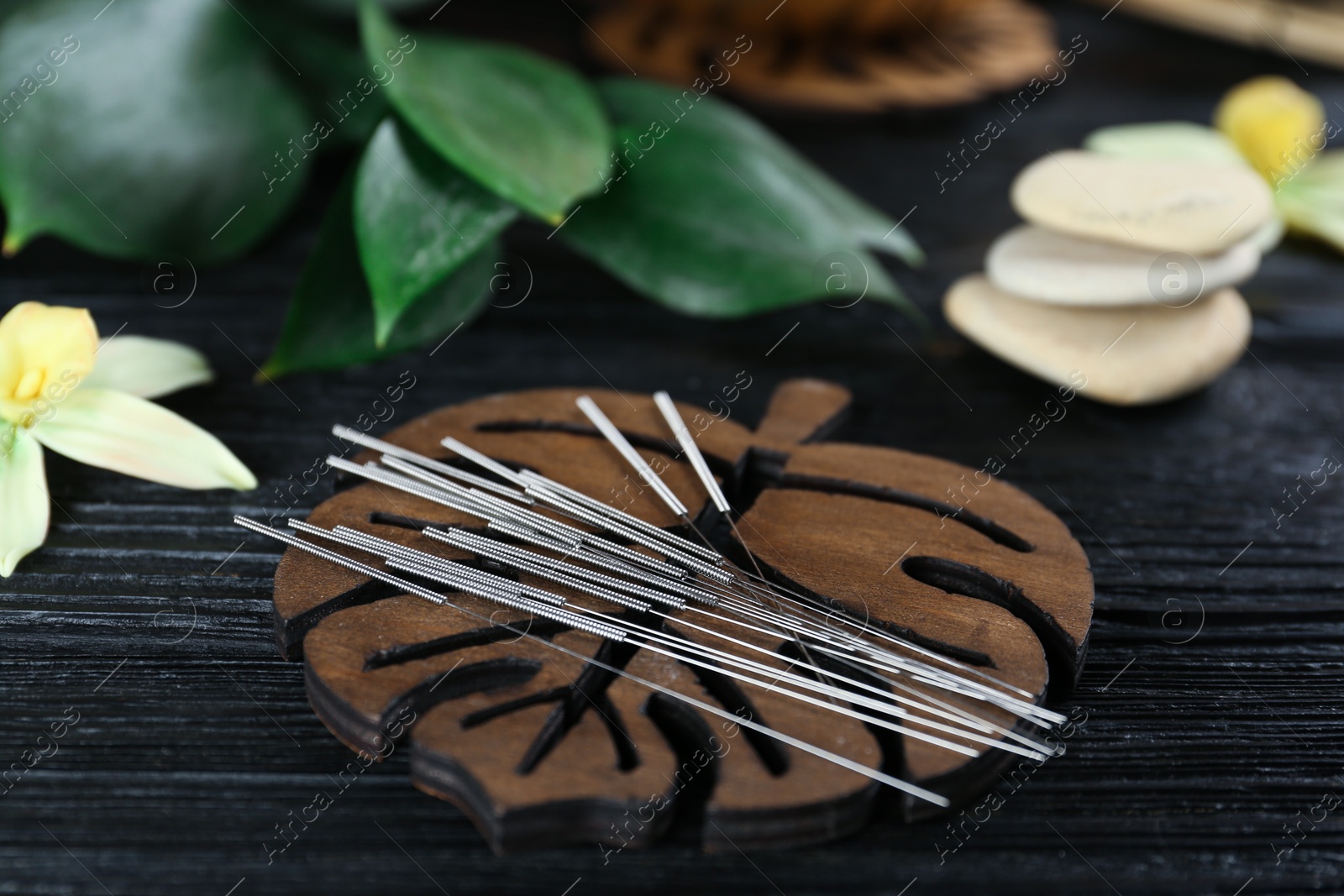 Photo of Leaf shaped coaster with acupuncture needles on black wooden table