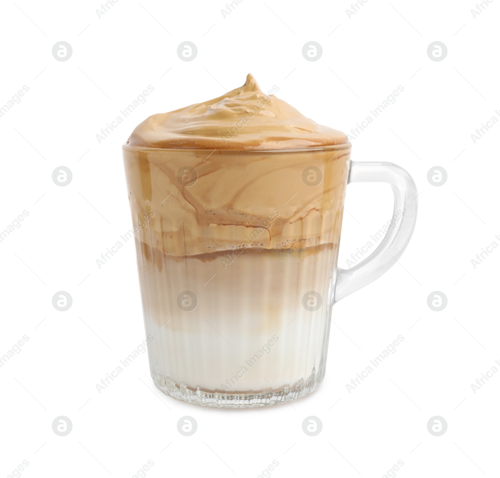 Photo of Glass mug of delicious dalgona coffee isolated on white