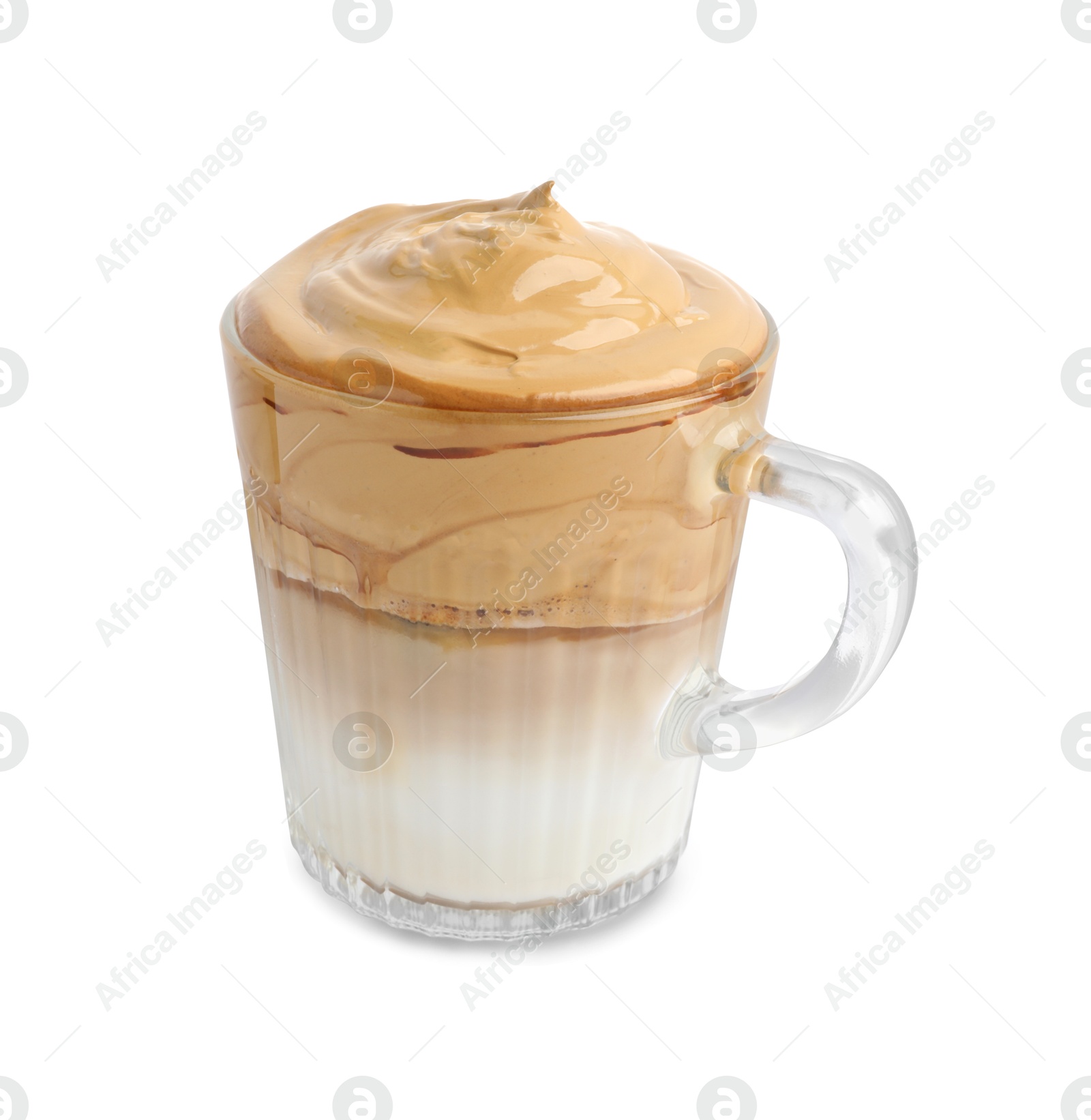 Photo of Glass mug of delicious dalgona coffee isolated on white