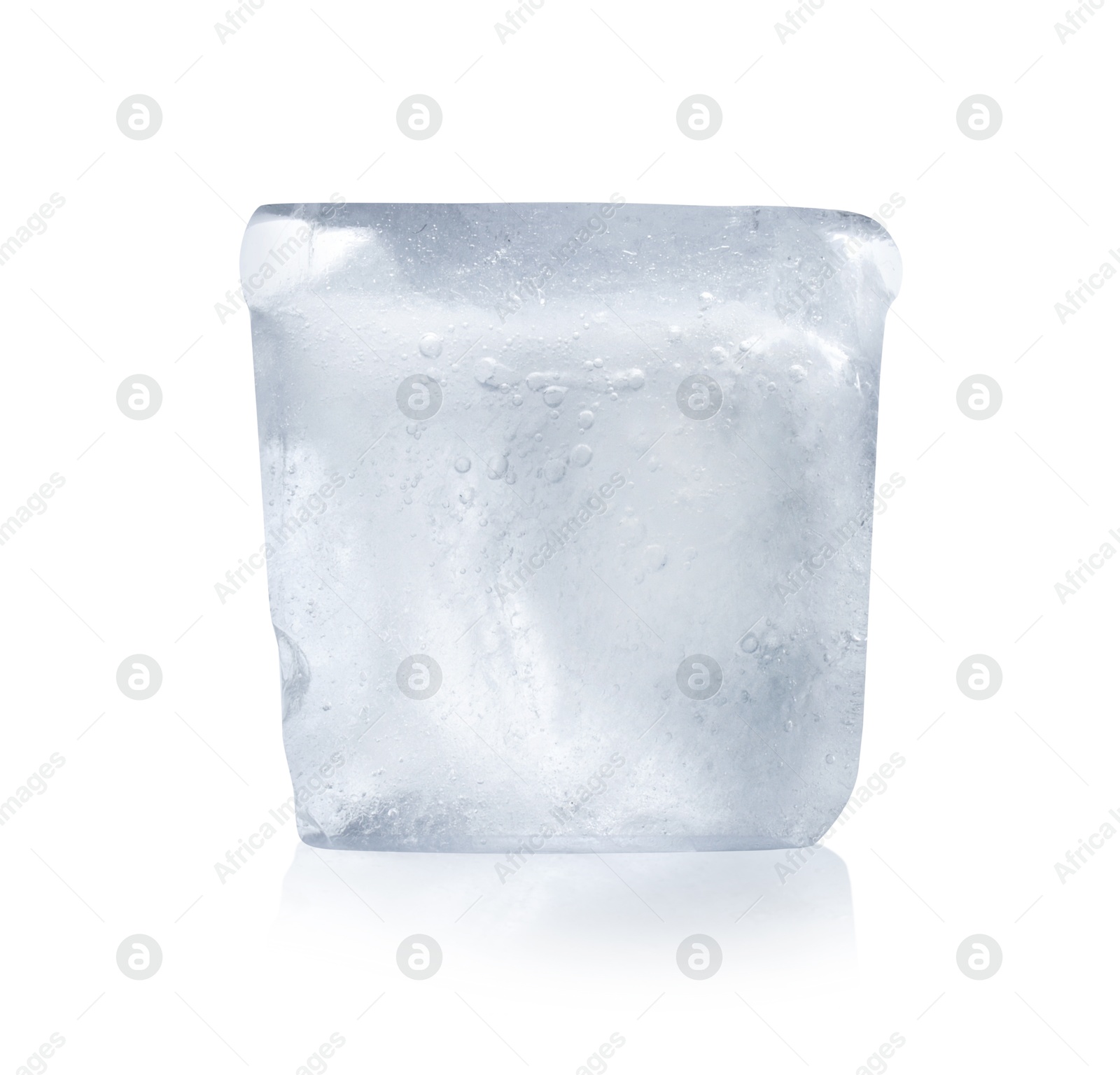 Photo of Crystal clear ice cube on white background